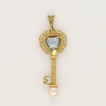 Pendentif - 18 carats Or jaune - Perle - Aigue-marine, Handtassen en Accessoires, Antieke sieraden