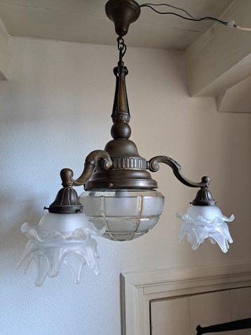 Plafondlamp - Glas, Messing, Metaal - Art nouveau/ art deco
