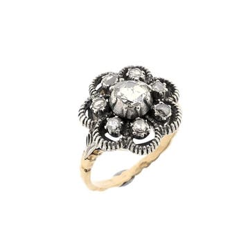 Gouden Victoriaanse ring met roos geslepen diamanten; Ca...., Ophalen of Verzenden
