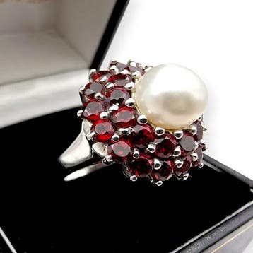Zonder minimumprijs - Ring Zilver - Peral, Garnet, Nieuw