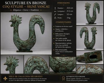 Figure - Sculpture stylisée de coq en bronze patiné vert –