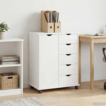 vidaXL Rollende kast 63,5 x 39 x 79 cm Massief vurenhout Wit, Huis en Inrichting, Kasten | Overige, Verzenden, Nieuw