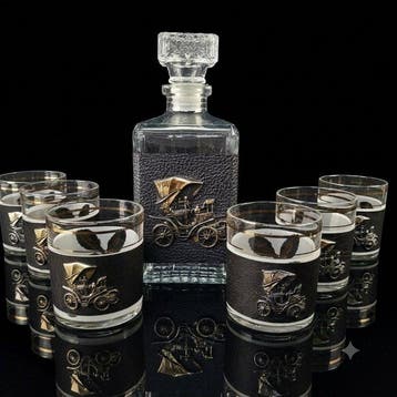 Whisky-Bar-Set - Flasche - Verre à whisky (7) - Verre, Cuir