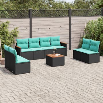 vidaXL 9-delige tuinbankset met kussens van zwart polyrotan, Verzenden, Nieuw