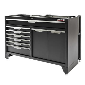Zwarte, brede werkplaatskast 136 cm met 7 laden, afvalbak en, Ophalen of Verzenden, Nieuw