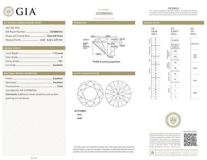 1 pcs Diamant (Natuurlijk) - 1.10 ct - Rond - F - VS1 -, Handtassen en Accessoires, Edelstenen