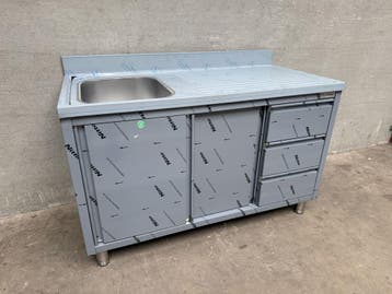 Spoeltafel met schuifdeuren 3 laden 1 bak links 140cm, Ophalen of Verzenden, Nieuw in verpakking, Inox Meubilair