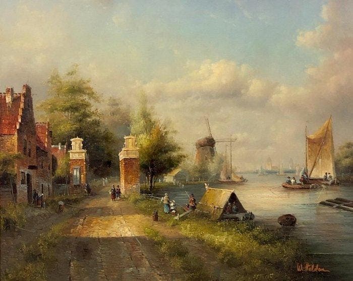 European School (XX) - A lively canal landscape (In the, Antiquités & Art, Art | Peinture | Classique