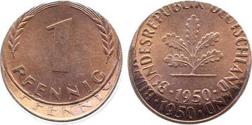 Duitsland Fehlpraegung 1 Pfennig 1950 ohne Muenzzeichen,..., Verzenden
