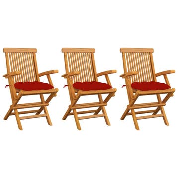 vidaXL Klapstoelen met rode kussens, 3 stuks, massief, Verzenden, Nieuw