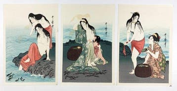 Awabi-tori () Triptych Ukiyo-e Prints - Kitagawa Utamaro, Antiek en Kunst