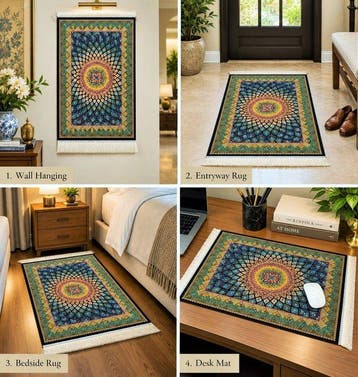 Diep marineblauw en smaragdgroen luxe zijden tapijt met een, Nieuw