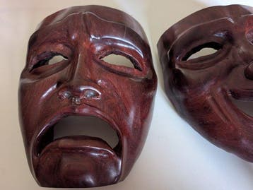 sculptuur, Pair of Hand-Carved Hardwood Theatre Masks –