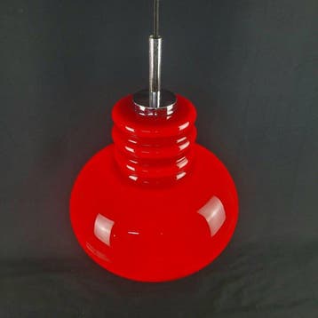 Plafondlamp - Glas-in-lood, rood glas - 27 cm - verchroomd -, Antiek en Kunst