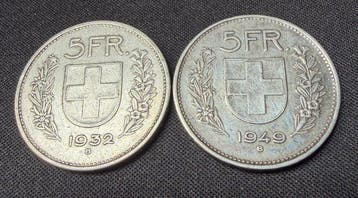 Zwitserland. 5 Francs 1932/1949 (2 monedas) (Zonder