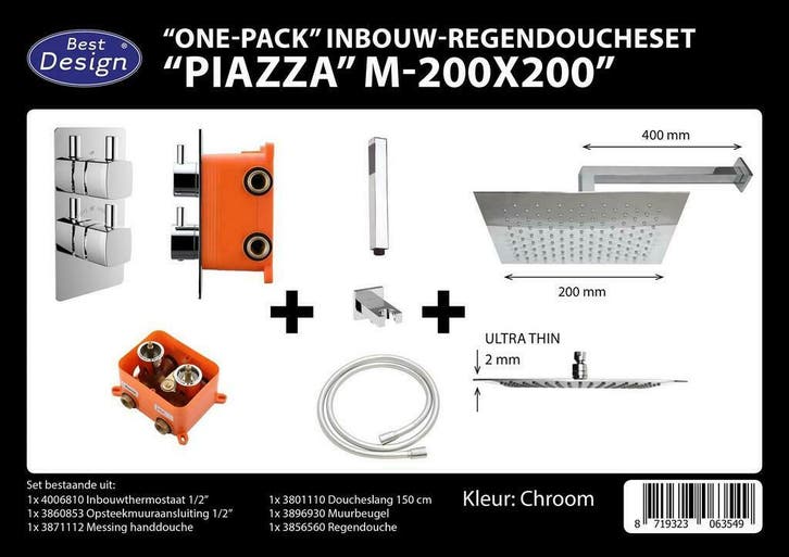 One pack inbouw-regendoucheset Muuruitloop 200mm Vierkant, Bricolage & Construction, Sanitaire, Enlèvement ou Envoi