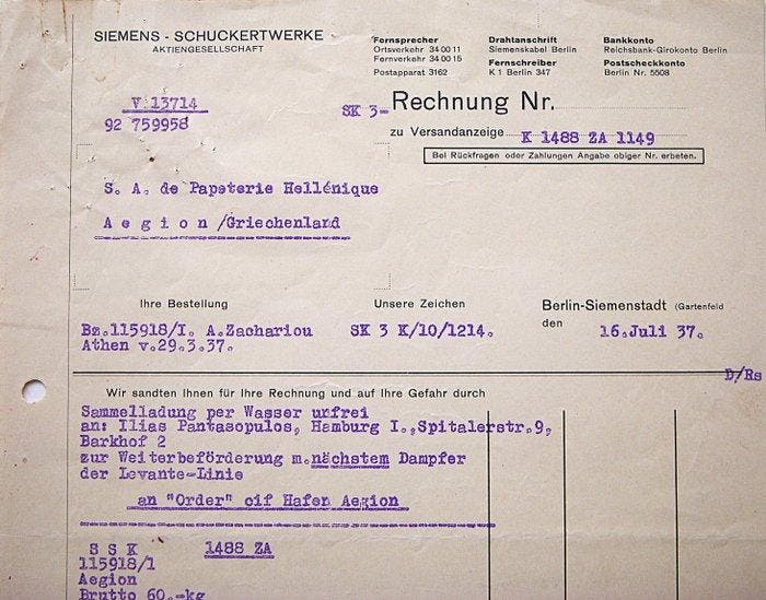 Themacollectie - Zeldzame factuur uit 1937 - Siemens, Antiquités & Art, Antiquités | Jouets