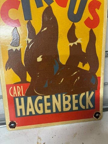 Circus Carl Hagenbeck – emaille reclamebord met zeeleeuwen -
