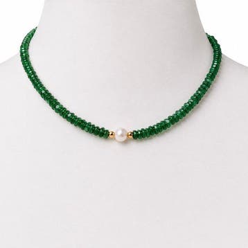 Collier - 18 carats Or jaune Émeraude - Perle
