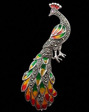 Granaat - Zilver, Vuurvogel – Pauwbrosche in 925 zilver