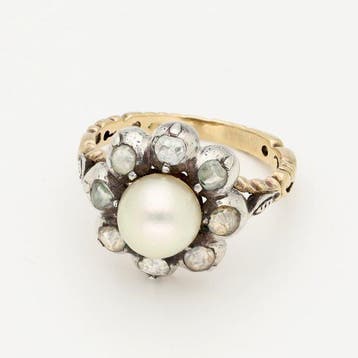 Bague - 14 carats Or jaune, Argent - Perle - Diamants