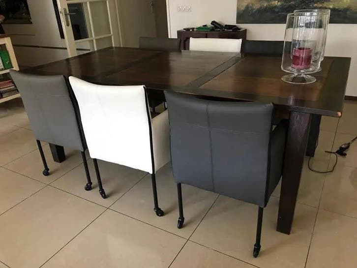 Set van 6 leren kuip eetkamerstoelen - met wieltjes -, Huis en Inrichting, Stoelen, Nieuw, Eén, Ophalen of Verzenden
