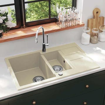 vidaXL Gootsteen dubbele bakken graniet beige, Maison & Meubles, Verzenden