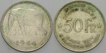 50 Francs 1944 Belgisch Kongo Leopold Iii von Belgie, Postzegels en Munten, Verzenden