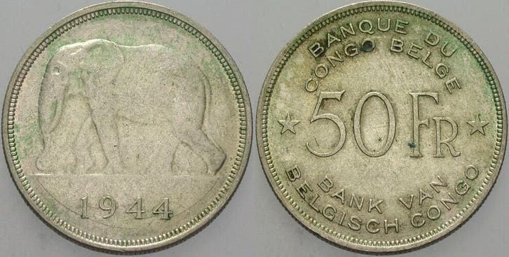 50 Francs 1944 Belgisch Kongo Leopold Iii von Belgie, Postzegels en Munten, Munten | Amerika, Verzenden