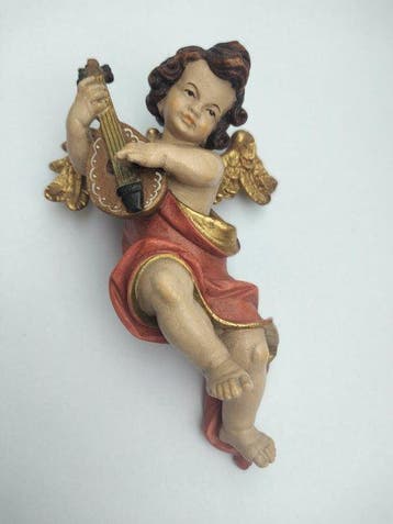 Snijwerk, Holzfigur - farbiger Engel mit Mandoline -