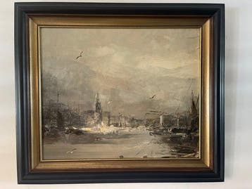 Piet Kegge (XX) - Amsterdamse waterkant, Antiek en Kunst, Kunst | Schilderijen | Klassiek
