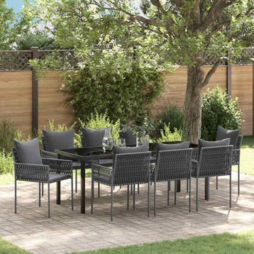 vidaXL Tuin Eettafel Set 9 st Zwart en Grijs PE Riet, Verzenden, Nieuw