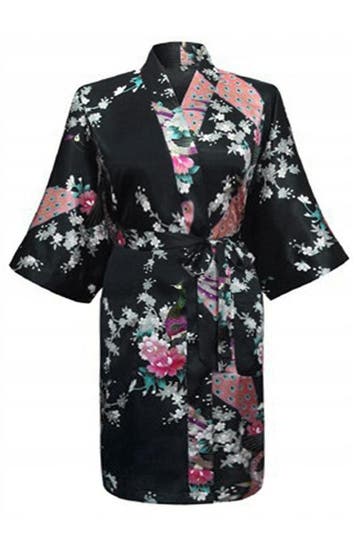 KIMU® Kimono Zwart Kort XS-S Yukata Satijn Boven de Knie Kor, Kleding | Dames, Ophalen of Verzenden, Nieuw