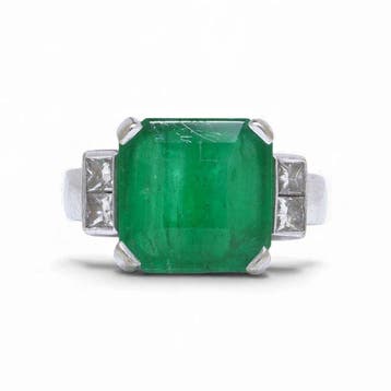 Ring Vintage 18kt witgoud 5 ct smaragd- en diamantring, Nieuw