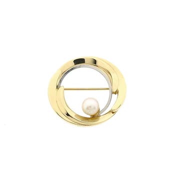 Bicolor broche met cultivéparel; 8 karaat, Handtassen en Accessoires, Gebruikt, Geel, Ophalen of Verzenden, Met edelsteen