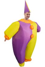 KIMU® Opblaas Kostuum Clown Geel Paars Opblaasbaar Pak Clown, Ophalen of Verzenden