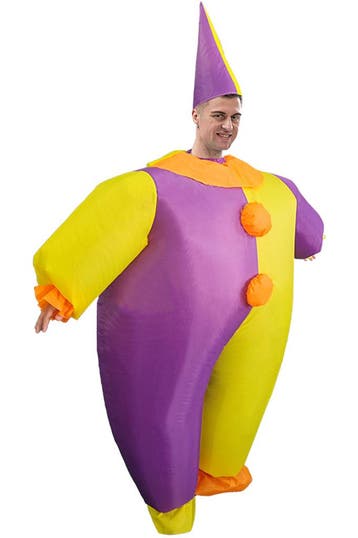 KIMU® Opblaas Kostuum Clown Geel Paars Opblaasbaar Pak Clown, Ophalen of Verzenden, Nieuw