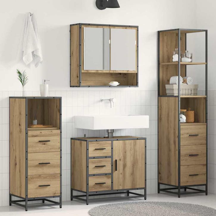 vidaXL Badkamermeubel Set met lade 4 pcs Artisan Eiken, Huis en Inrichting, Badkamer | Badkamermeubels, Nieuw, Verzenden