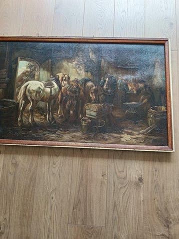 Hollandse School (XX) - Drie paarden in een boerenschuur