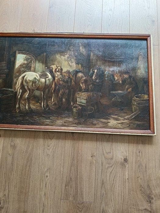 Hollandse School (XX) - Drie paarden in een boerenschuur, Antiquités & Art, Art | Peinture | Classique