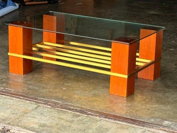 Middentafel - Hout, Glas, Metaal - Top van doorzichtig glas