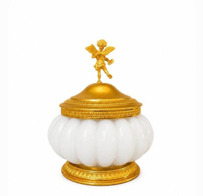 Vaasje met deksel - Putto met vis - Opaline glas,, Antiquités & Art, Antiquités | Livres & Manuscrits