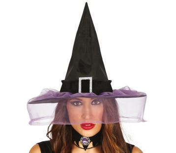 Halloween Heksenhoed Sluier Paars, Verzenden, Nieuw