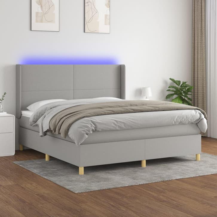 vidaXL Boxspring met matras en LED stof lichtgrijs 160x200, Maison & Meubles, Chambre à coucher | Lits, Envoi