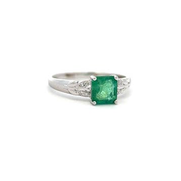 Bague - 14 carats Or blanc - 1.04ct. tw. Émeraude - Diamant
