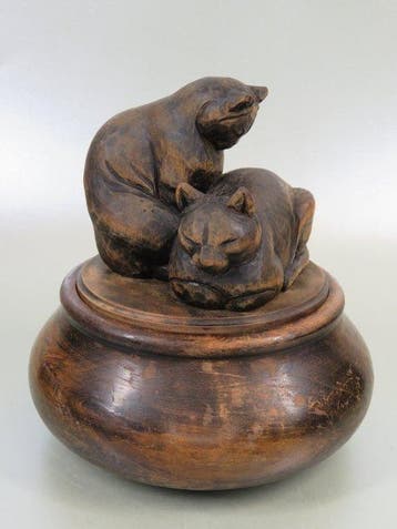 Beeldje - Deksel pot met twee katten/poezen - Hout