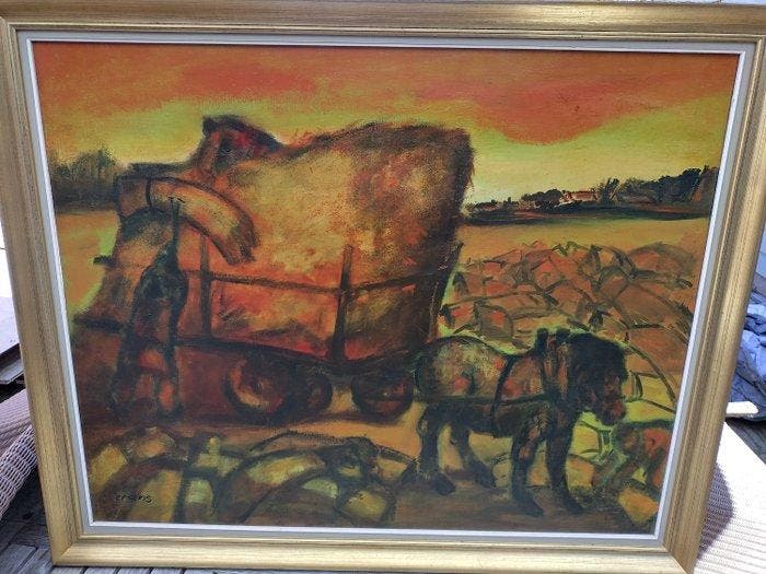 Belgische school (XX) - Harvest Scene with Heavy Working, Antiquités & Art, Art | Peinture | Classique