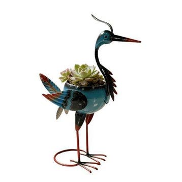 sculptuur, Metal Crane Flower Pot – Hand Painted Whimsical