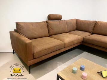 Hoekzetel cognac in microvezel met hoofdsteun – tweedehands, Huis en Inrichting, Zetels | Zetels en Chaises Longues, Verzenden
