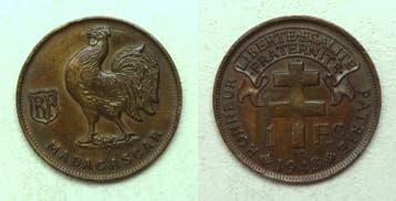 France Madagaskar 1 Franc 1943 Lothringer Kreuz Hahn, Postzegels en Munten, Verzenden, België
